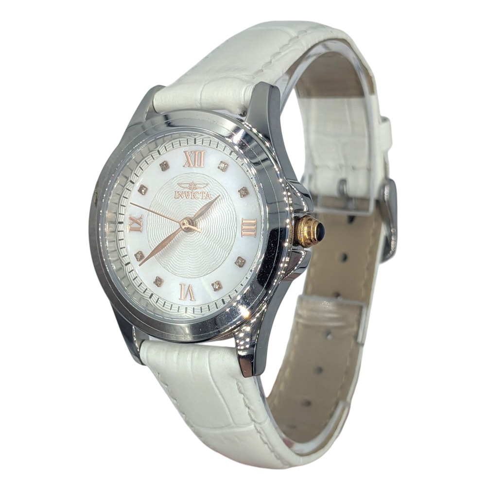 Invicta Angel Watch White 33mm Silver Rose Golden Diamond Leather Straps 12544